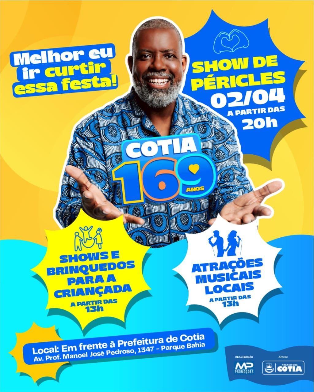 Cotia celebra 169 anos com atividades esportivas, shows de artistas locais e do cantor Péricles